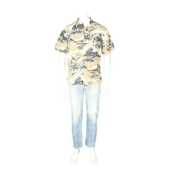 Go Barefoot Floral Flower Orchid Palm Trees Clouds Island Hawaiian Aloha Shirt M - Picture 1 of 4